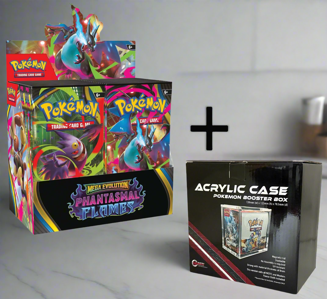 Pokémon trading card game booster box with acrylic case on a white background
