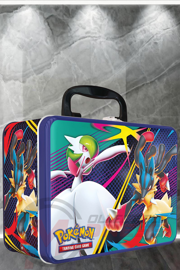 Colorful Pokémon trading card game case with character designs on a textured gray background