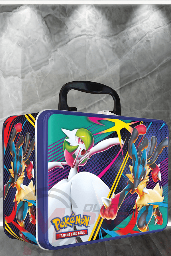Colorful Pokémon trading card game case with character designs on a textured gray background