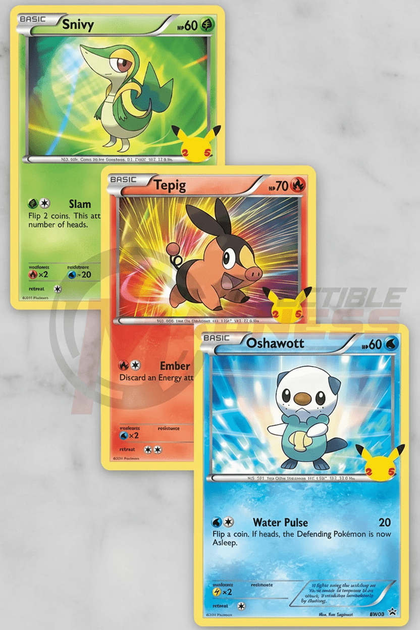 Three trading cards featuring different Pokémon on a white background.