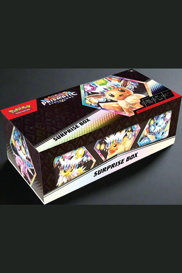 Packaging for the Pokémon TCG Prismatic Evolutions Surprise Box featuring images of various Pokémon characters.