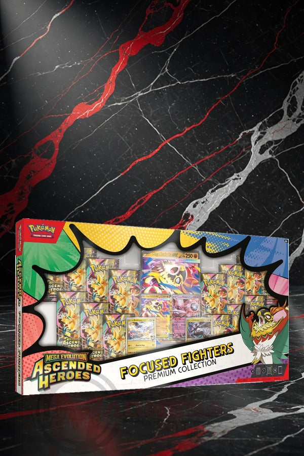 Pokémon TCG Ascended Heroes Focused Fighters Premium Collection, front of box on red marble