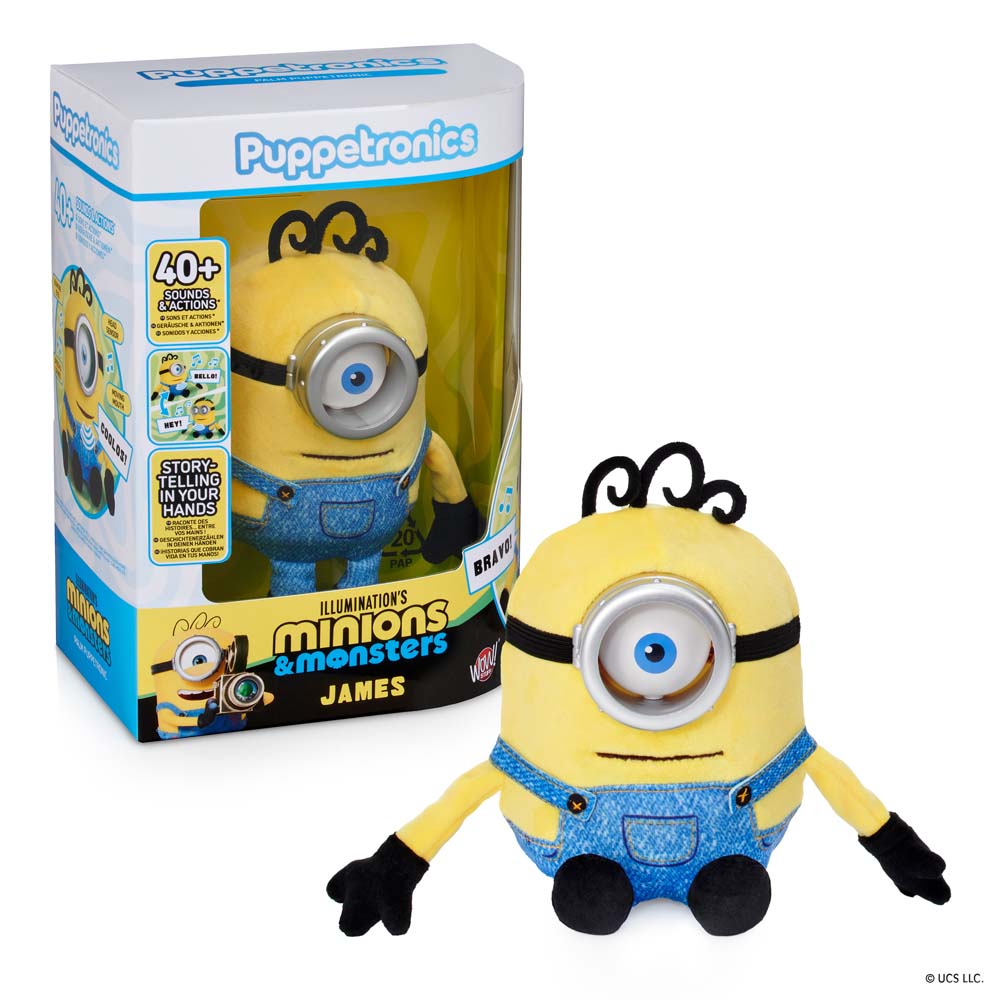 Minions & Monsters Palm Puppetronic James box with the figure beside it