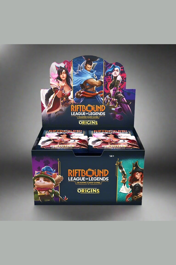 Box of Riftbound League of Legends trading card game with character illustrations on a white background