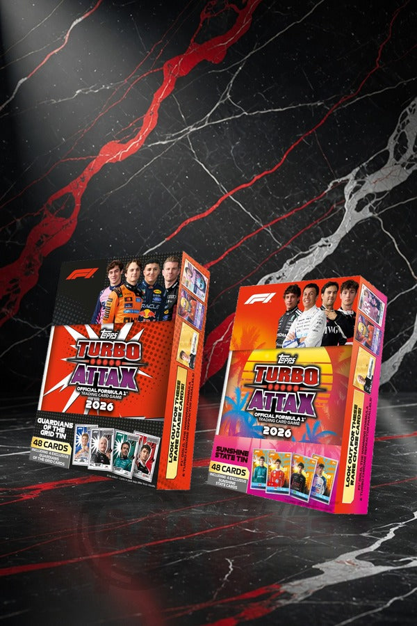 F1 Topps Turbo Attax 2026 Mega Tin packaging, Guardians of the Grid and Sunshine State designs