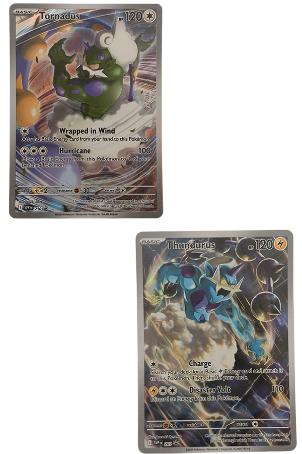 Two Pokémon trading cards shown on a plain white background: a top card featuring Torpedus and a bottom card featuring Thunderous.