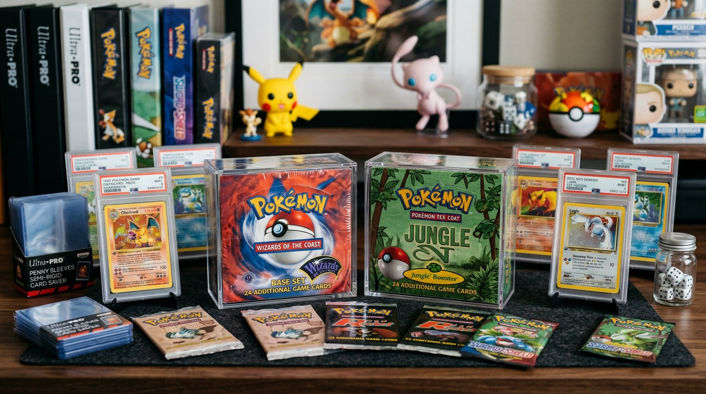 Pokémon booster boxes with graded cards and booster packs on collector desk