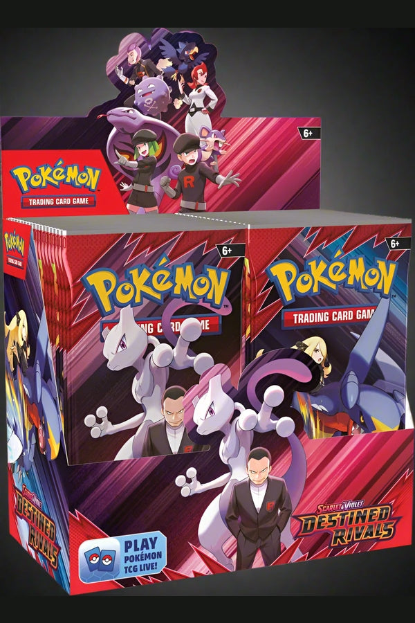 A box of Pokémon TCG: Destined Rivals booster cards featuring characters and Pokémon from the series.