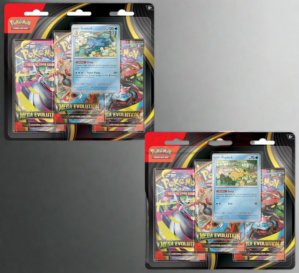 Two packs of Pokémon trading cards with colorful designs on a white background.