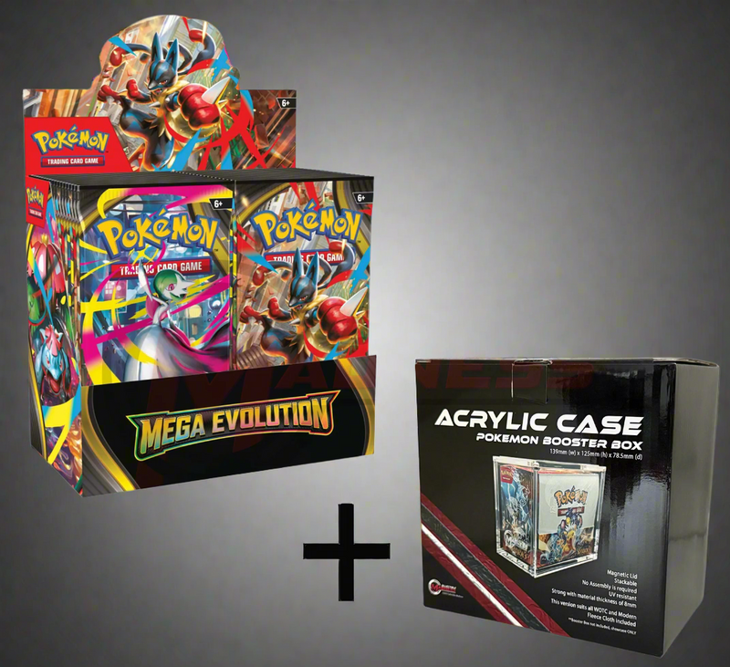 Pokémon trading card game booster packs and acrylic case on a grey background