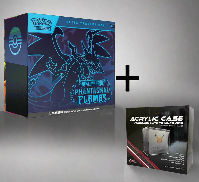Pokémon Elite Trainer Box with Mega Evolution Phantasmal Flames and Acrylic Case on a white background