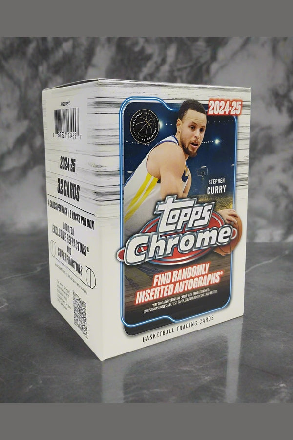 Topps Chrome 2024-25 basketball trading card pack with Stephen Curry on the front.