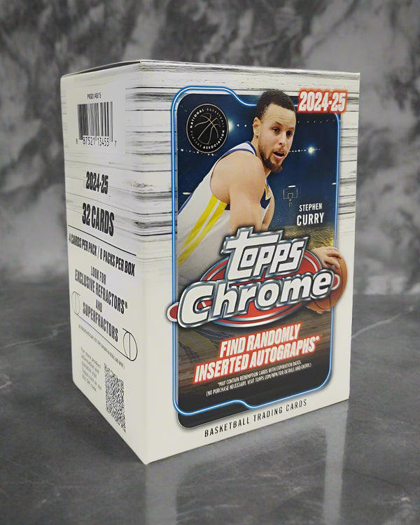 Topps Chrome 2024-25 basketball trading card pack with Stephen Curry on the front.