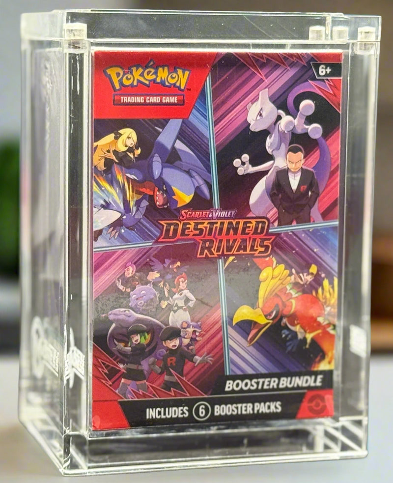 Pokémon trading card game booster bundle packaging in a clear display case.