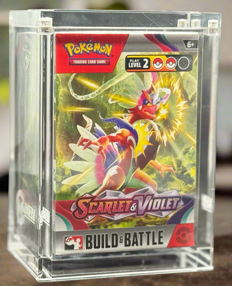 Pokémon trading card game card in a clear protective case with 'Scarlet & Violet' branding.