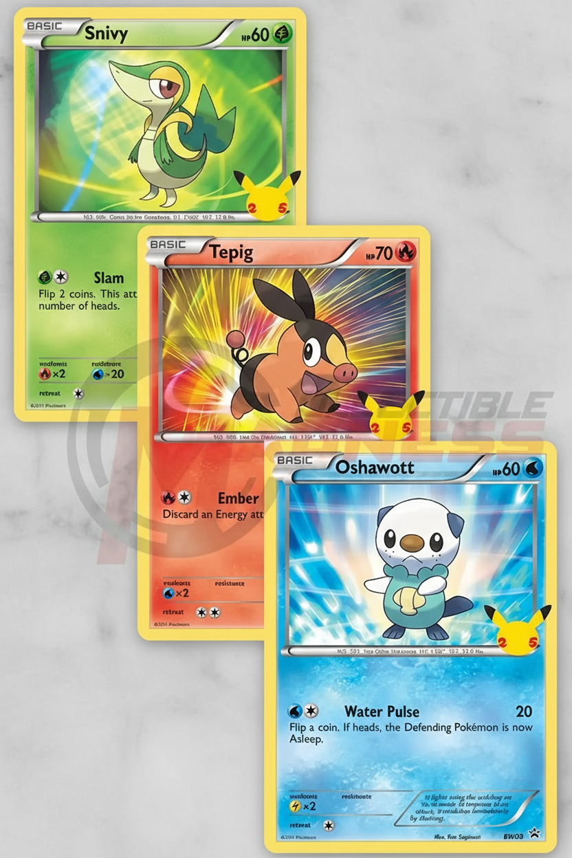 Three trading cards featuring different Pok√©mon on a white background.