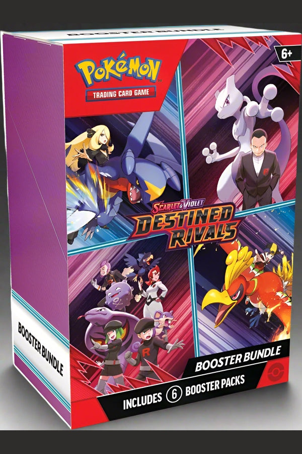 Packaging for Pokémon TCG Destined Rivals Booster Bundle featuring illustrations of Pokémon characters and a human character from the game.