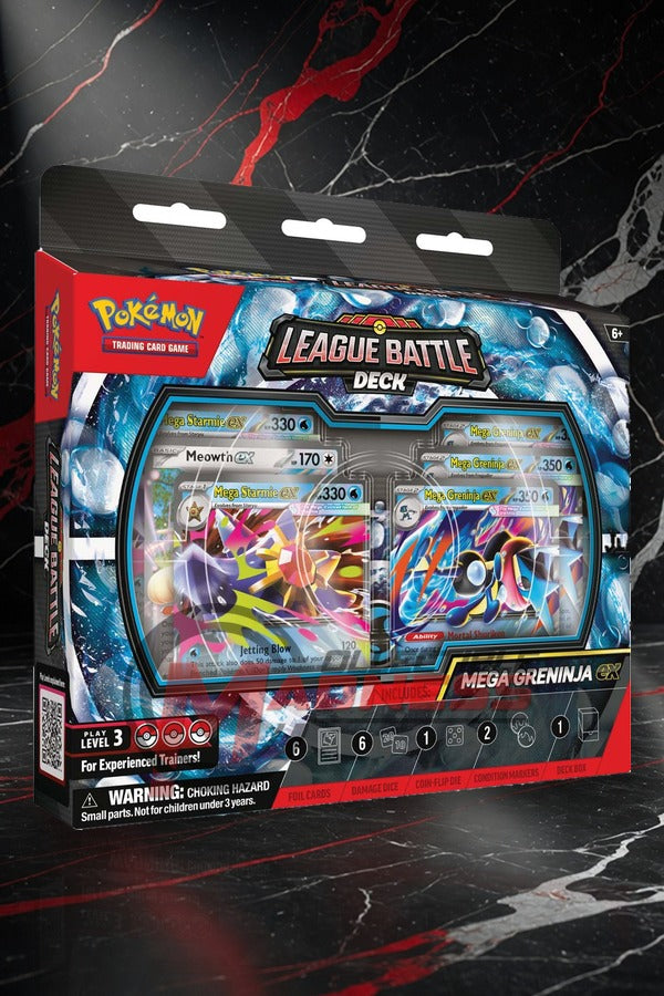 Pokemon TCG Mega Greninja ex League Battle Deck, front of box on red marble