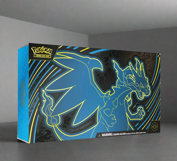 Pokémon trading card game booster pack with a blue and yellow dragon design on a black background