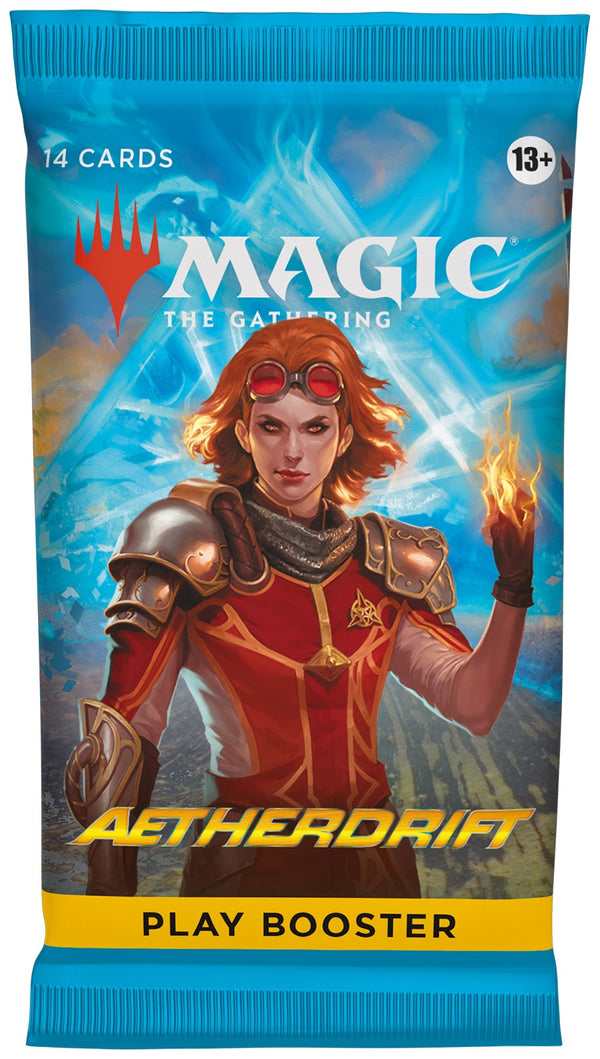 Card game booster pack featuring a character from 'Magic: The Gathering' with fiery design elements.