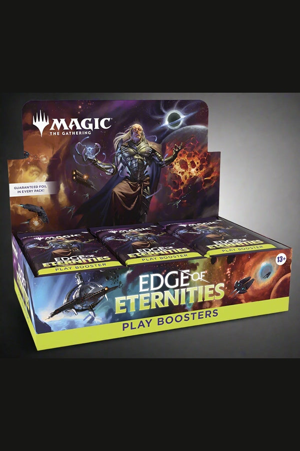 Magic: The Gathering 'Edge of Eternities' play booster box with character illustration on a white background