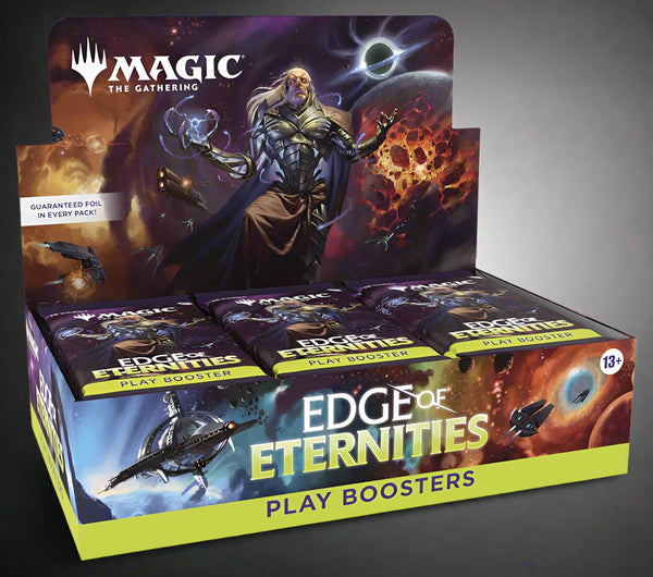 Magic: The Gathering 'Edge of Eternities' play booster box with character illustration on a white background