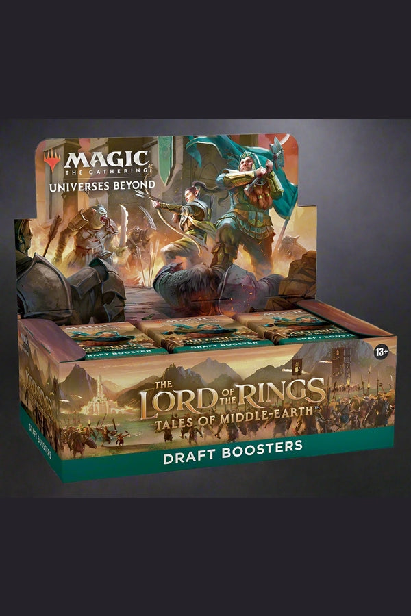 Packaged draft boosters for 'The Lord of the Rings: Tales of Middle-Earth' and 'Magic: The Gathering' on a white background