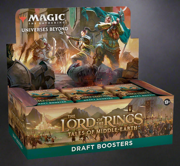 Packaged draft boosters for 'The Lord of the Rings: Tales of Middle-Earth' and 'Magic: The Gathering' on a white background