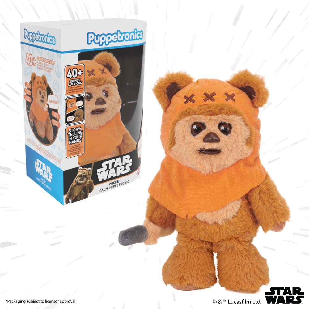 Star Wars Wicket Palm Puppetronic box with the figure beside it