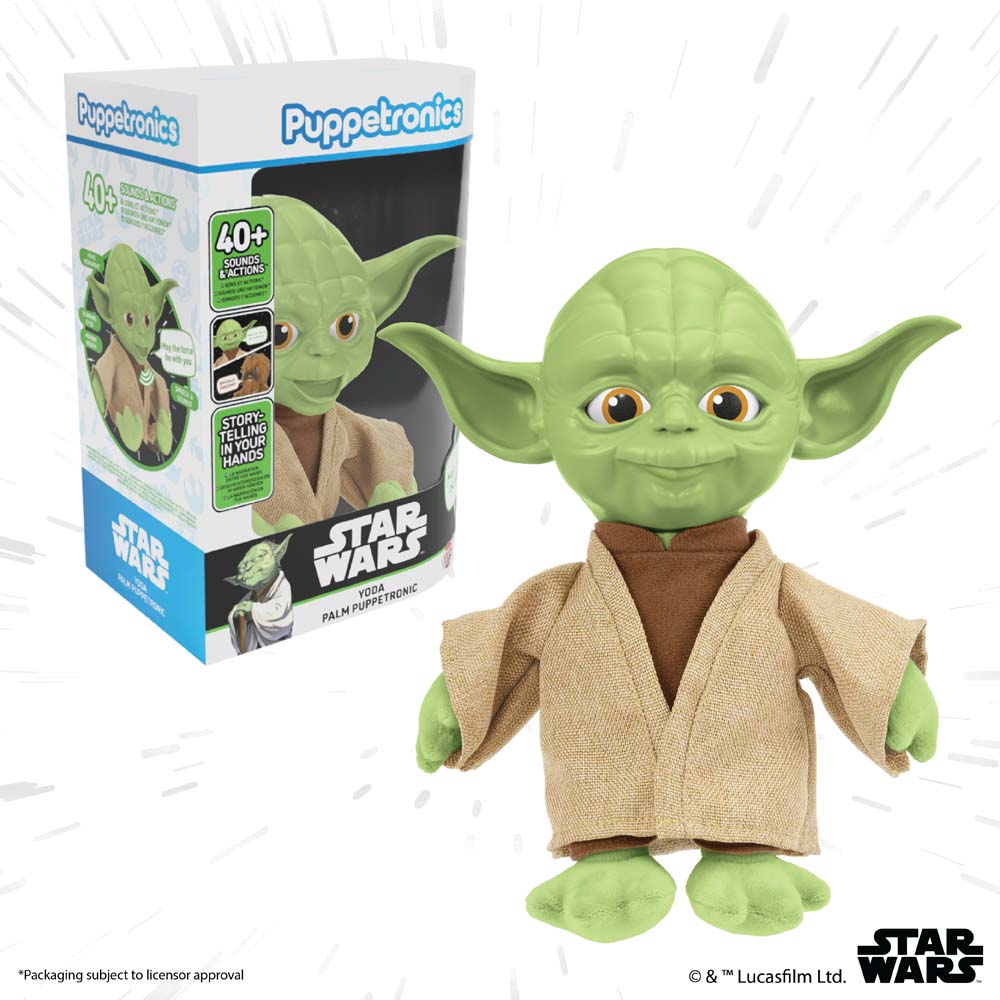 Star Wars Yoda Palm Puppetronic box with the figure beside it