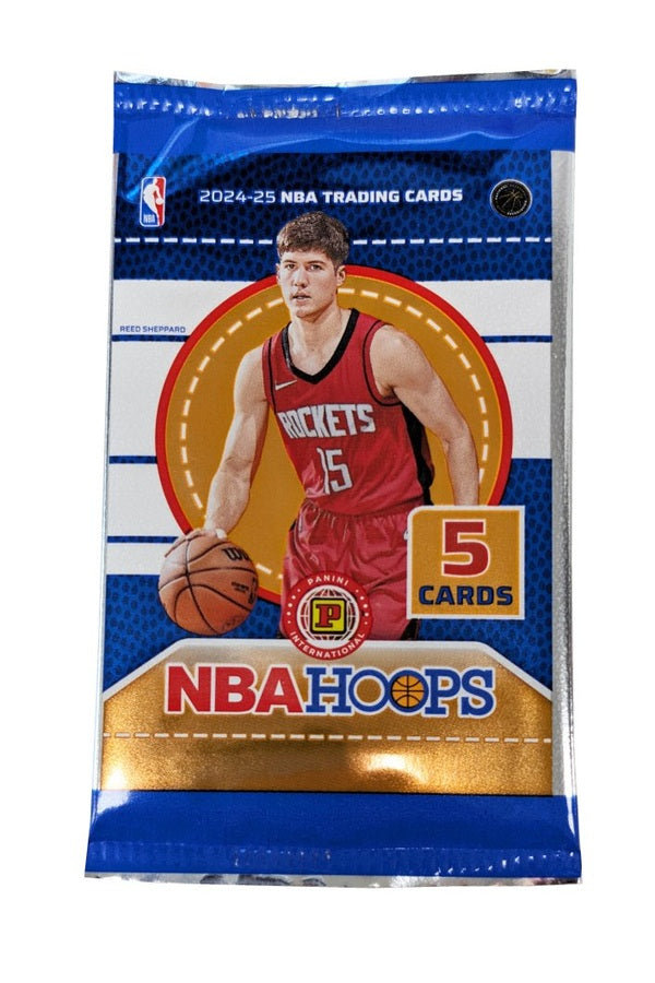 A pack of 2024-2025 NBA Hoops Basketball trading cards featuring an image of a player in action, with the team's colors predominantly visible along with the 'NBA Hoops' branding.